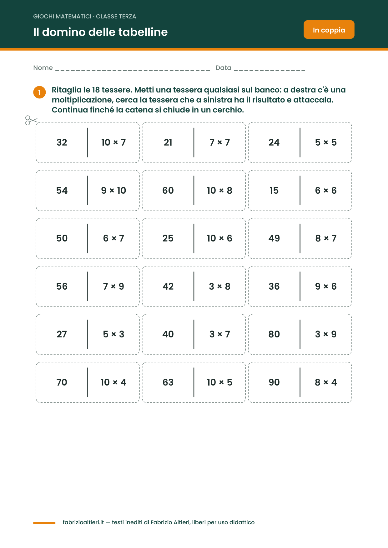 Giochi matematici classe terza: il domino delle tabelline da ritagliare