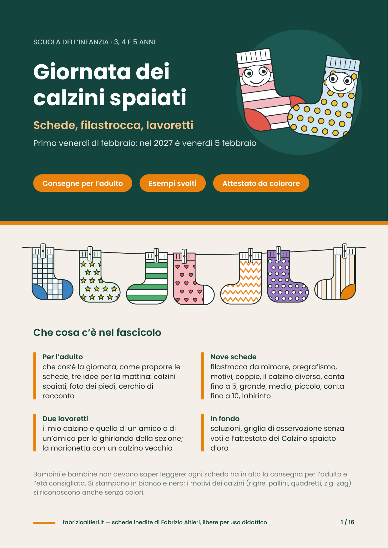 Schede sulla Giornata dei calzini spaiati per la scuola dell'infanzia: copertina del fascicolo