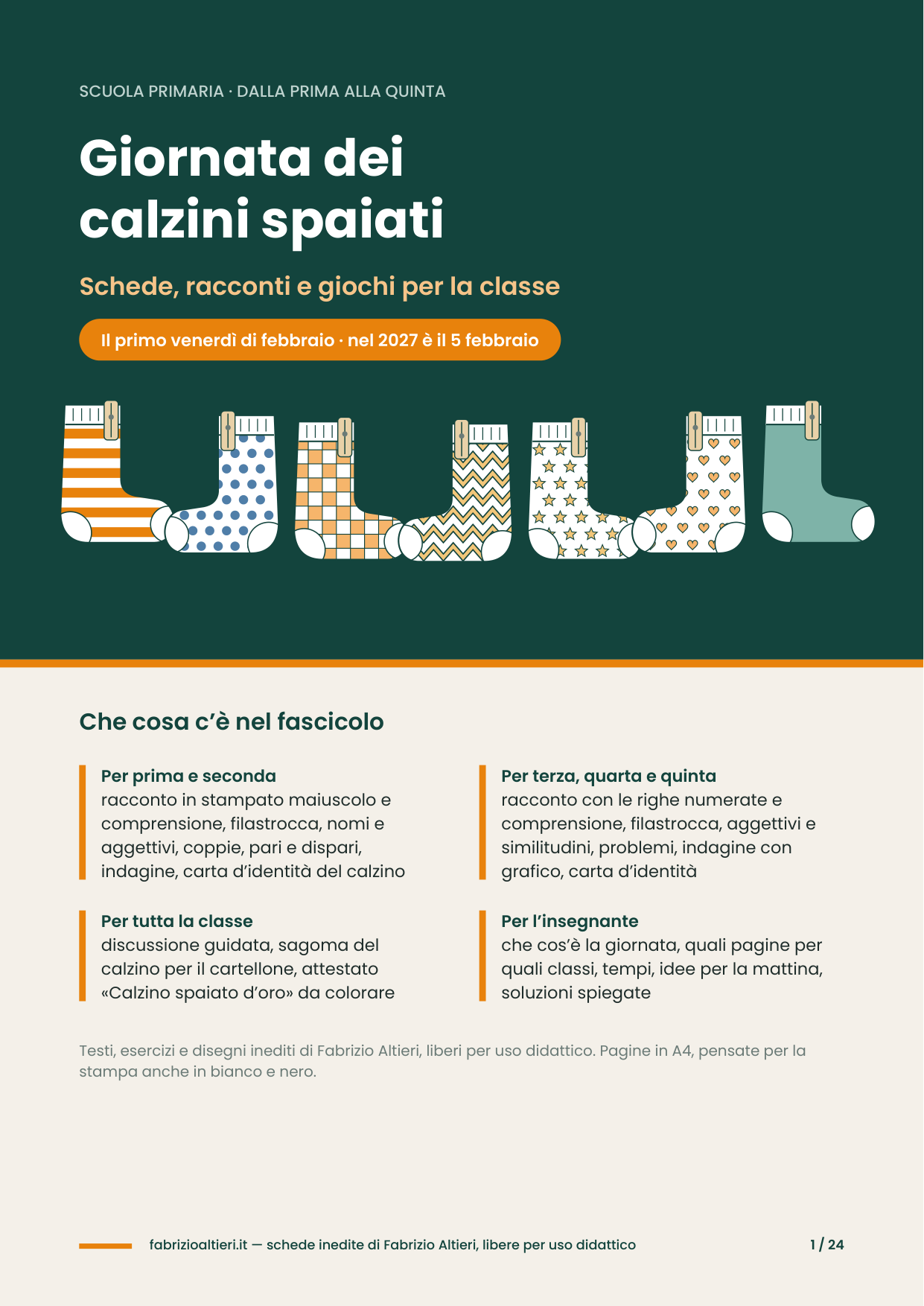 Schede sulla Giornata dei calzini spaiati per la scuola primaria: copertina del fascicolo