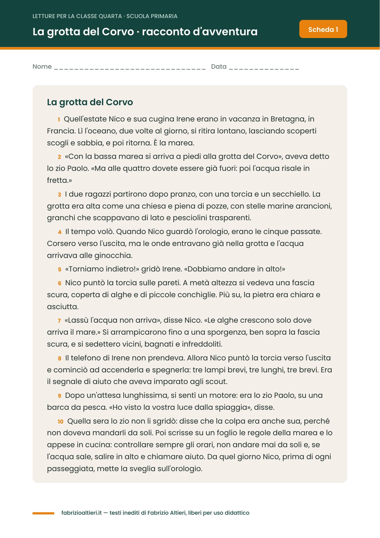 Lettura per la quarta elementare: il racconto d'avventura La grotta del Corvo