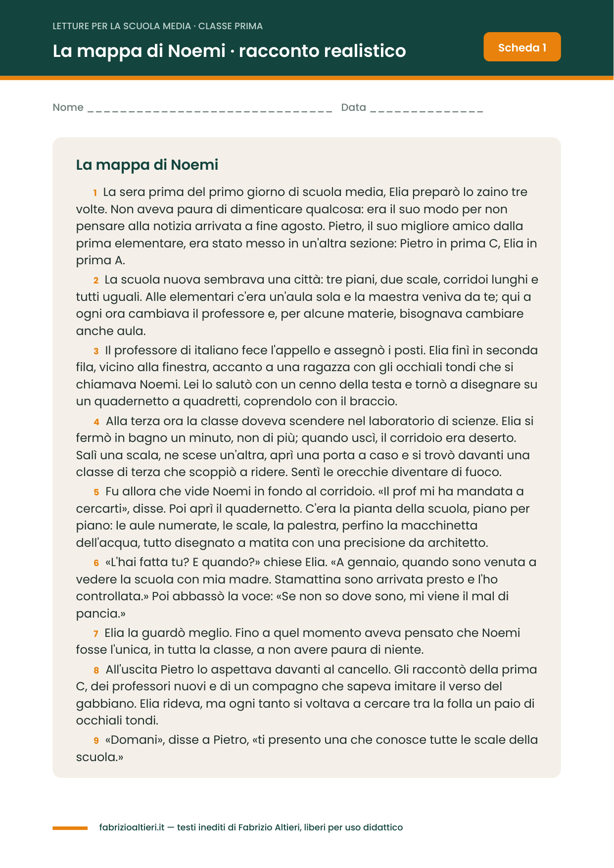 Lettura per la scuola media: il racconto La mappa di Noemi con i paragrafi numerati