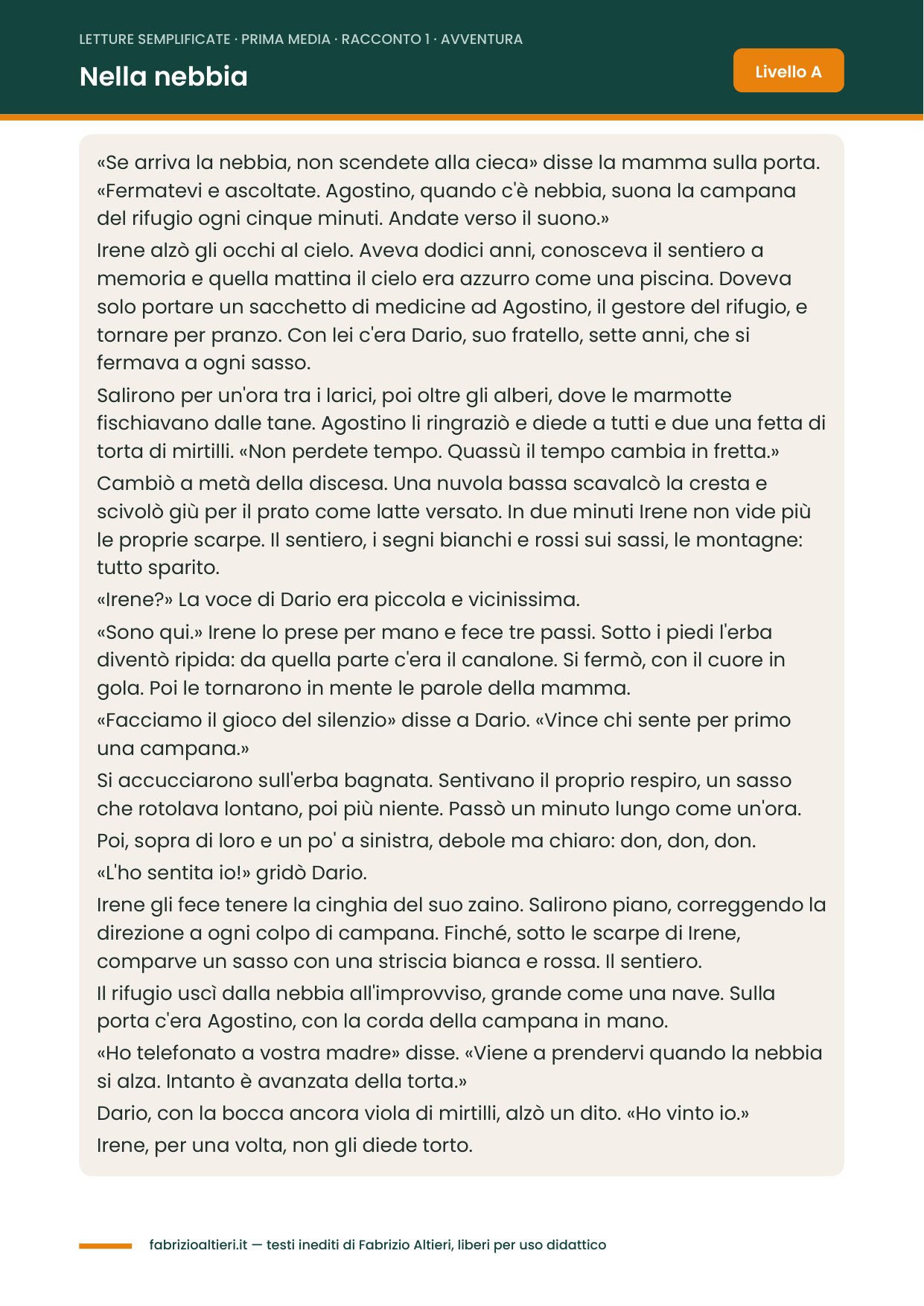 Letture semplificate per la scuola media: il racconto Nella nebbia nel Livello A, il testo per tutta la classe