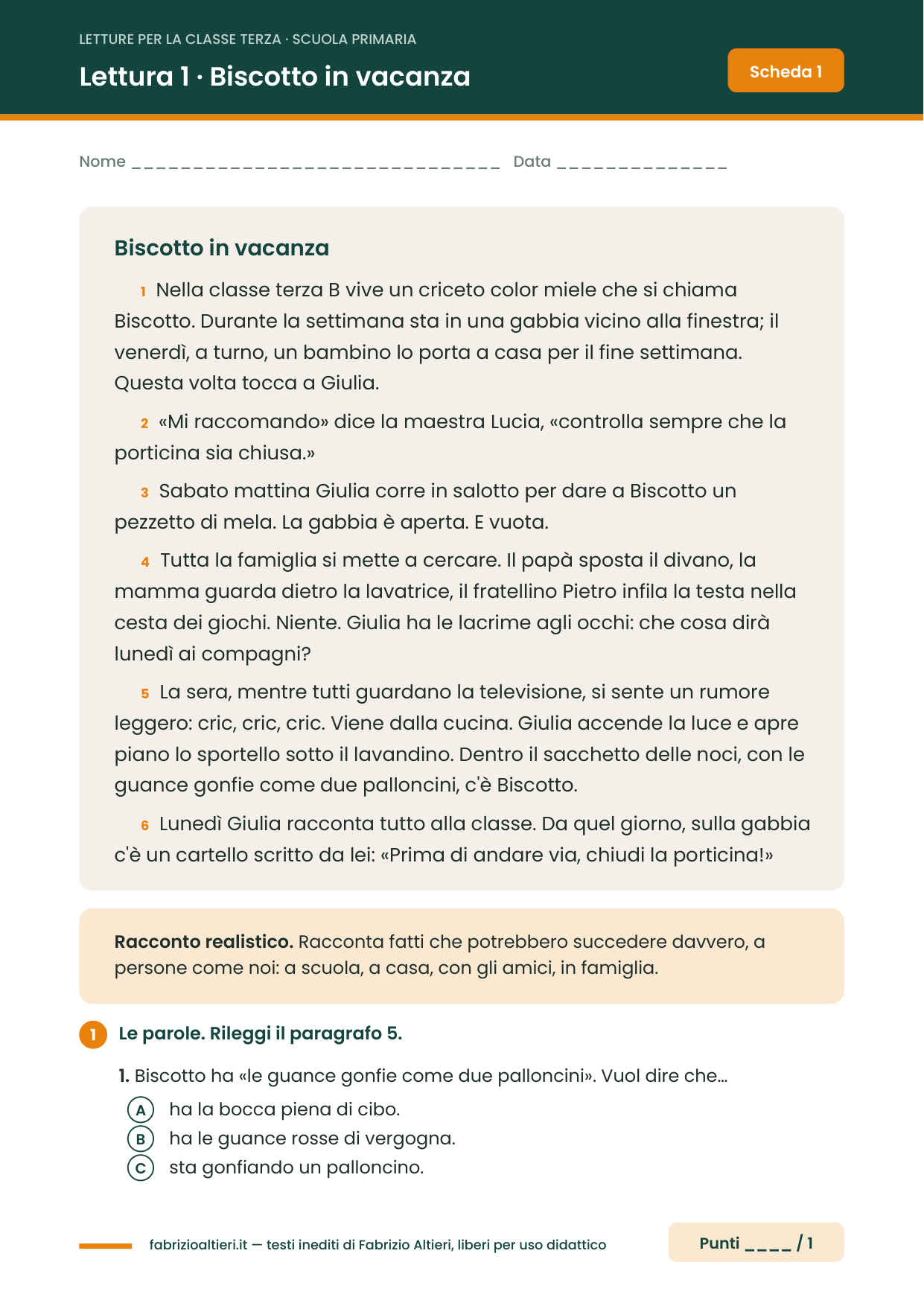 Lettura per la terza elementare: il racconto Biscotto in vacanza con i paragrafi numerati