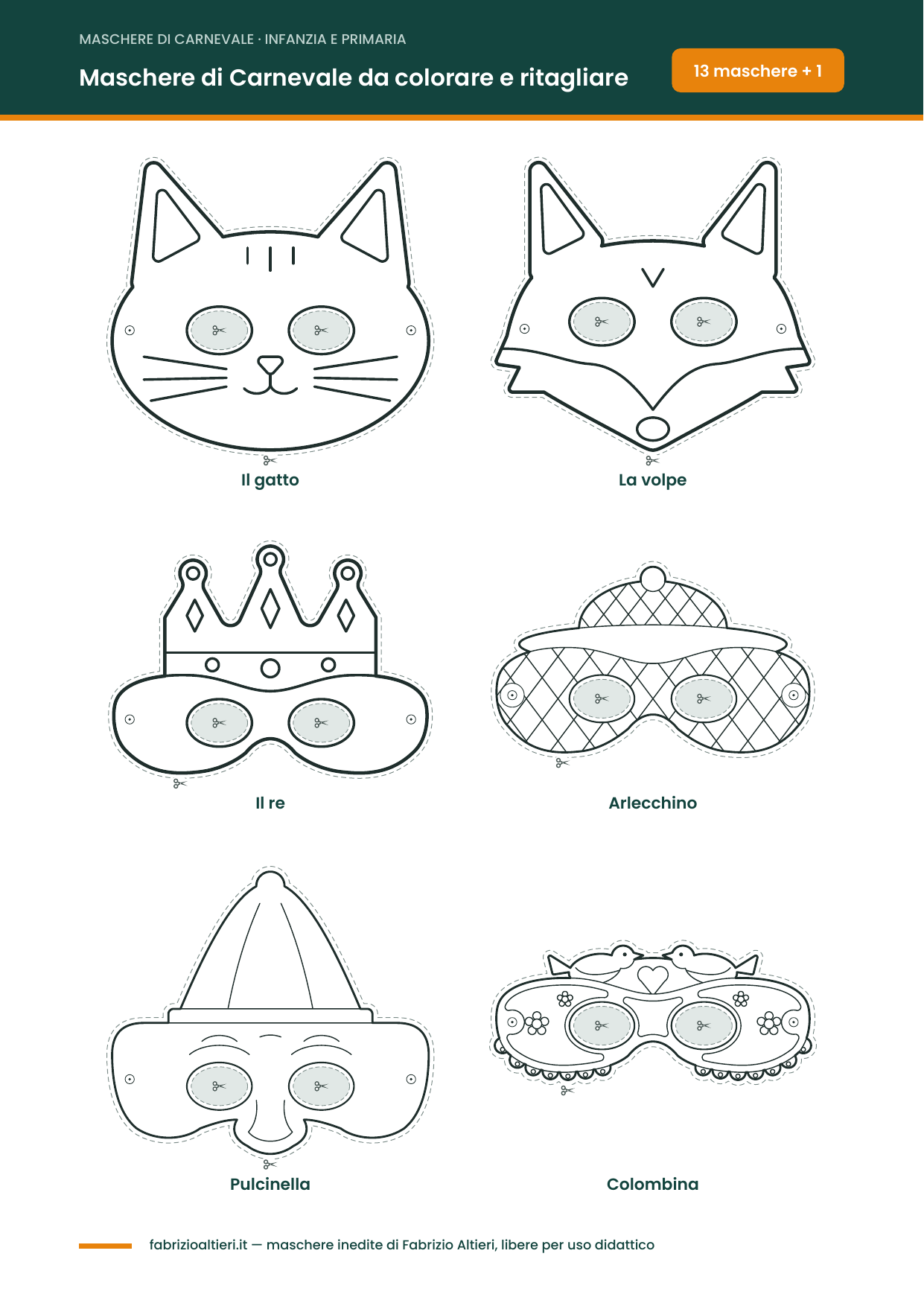 Maschere di Carnevale da colorare: anteprima con gatto, volpe, re, Arlecchino, Pulcinella e Colombina