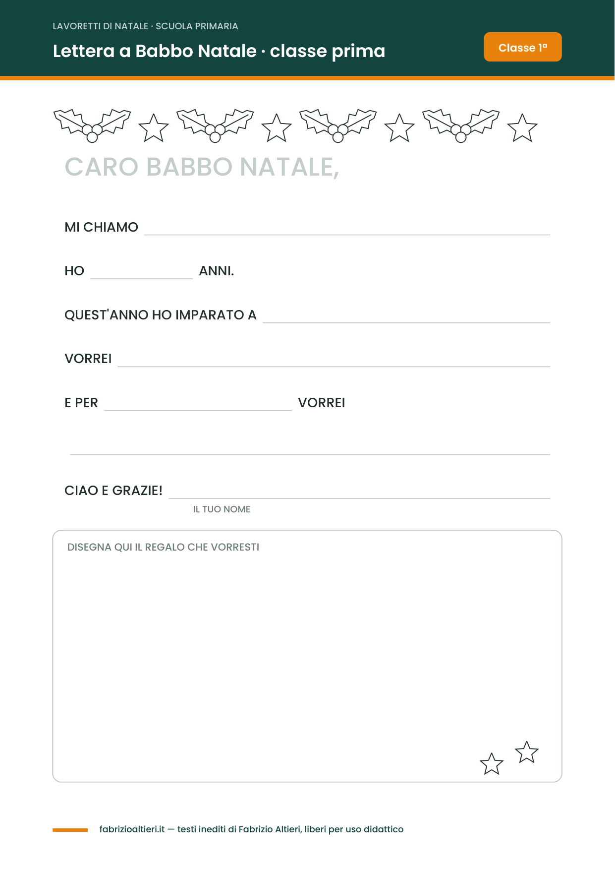 Lettera a Babbo Natale da stampare per la classe prima, in stampato maiuscolo con le frasi da completare