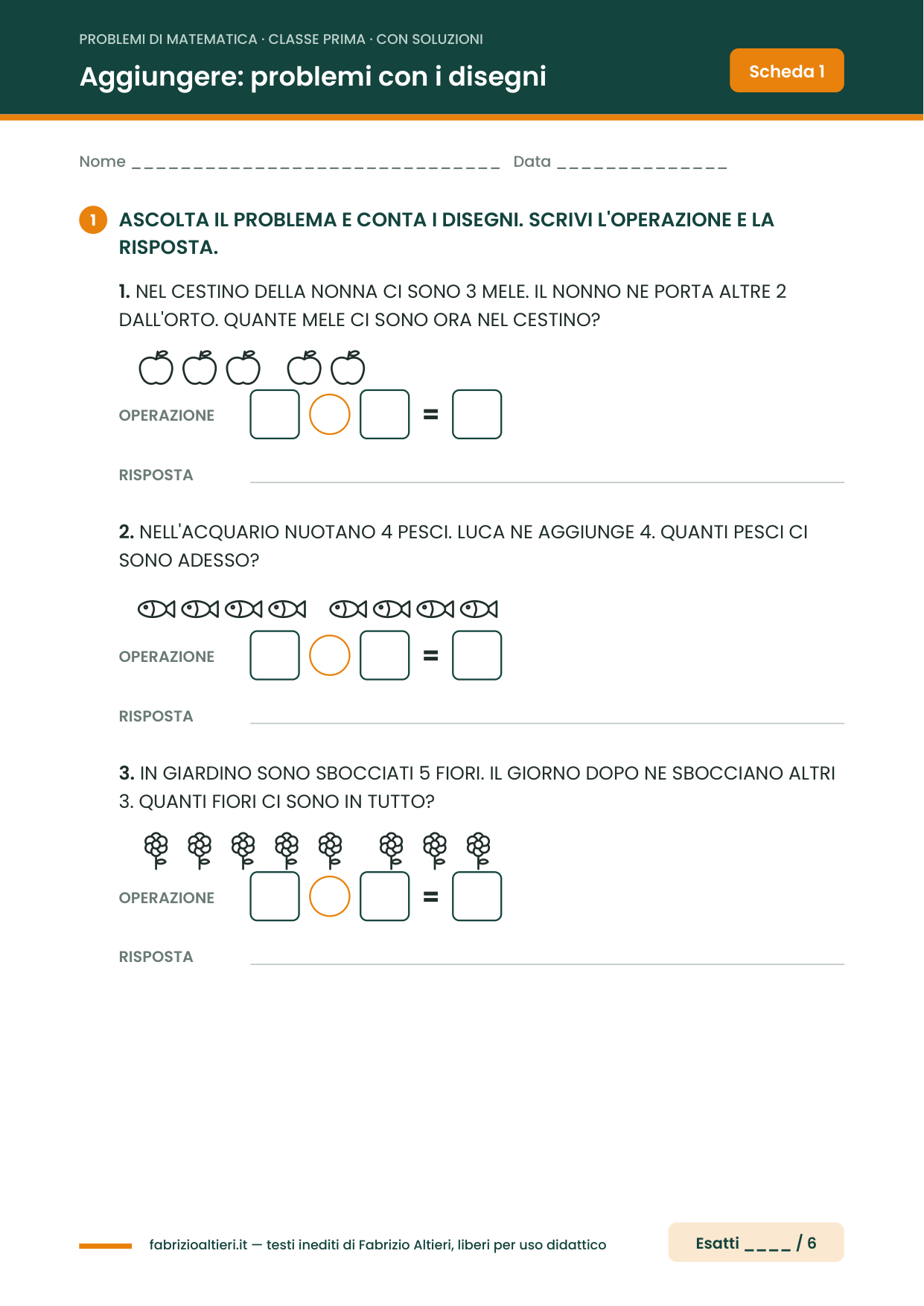 Problemi di matematica prima elementare con i disegni da contare