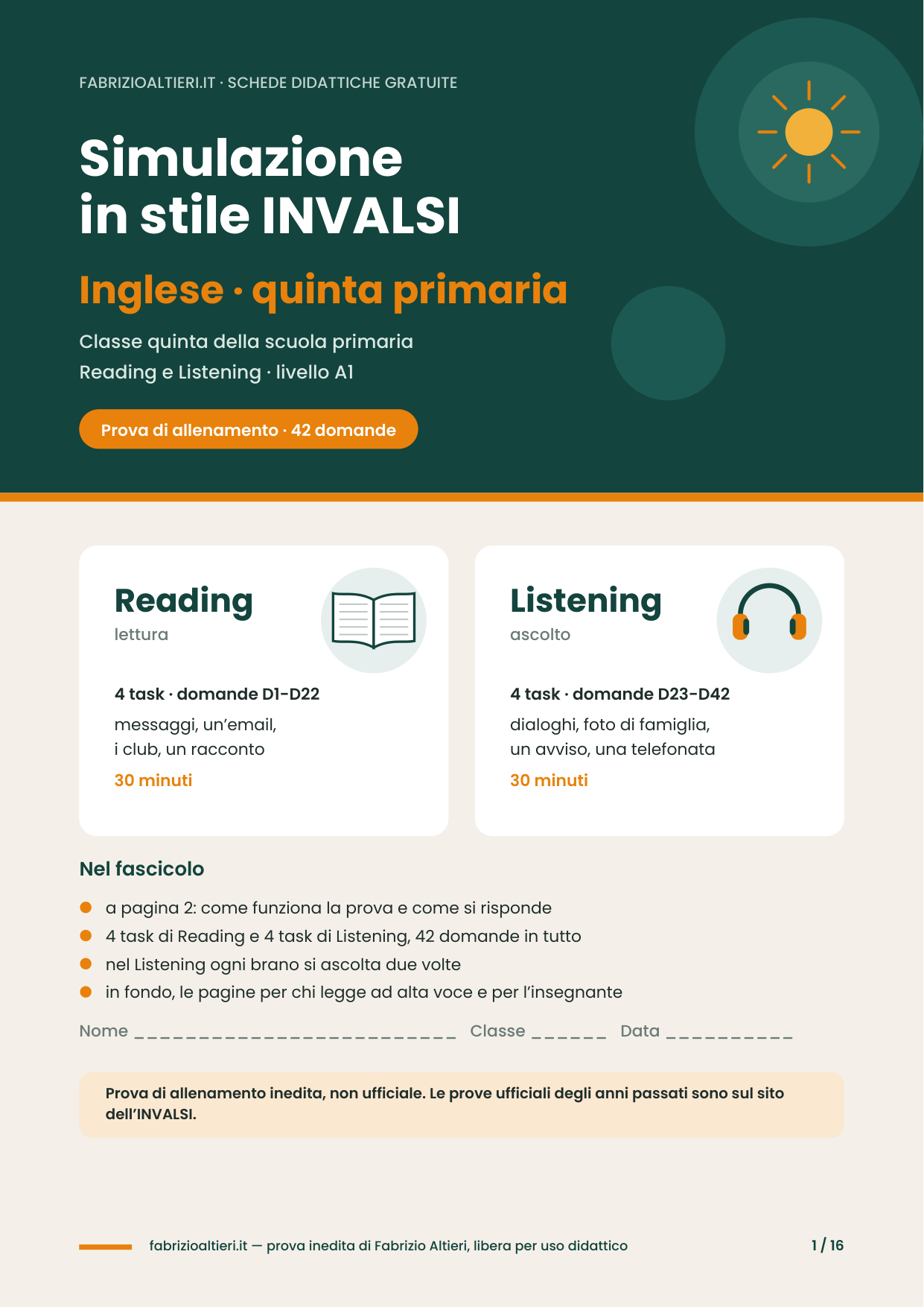 Simulazione in stile INVALSI di inglese per la quinta primaria, reading e listening: copertina