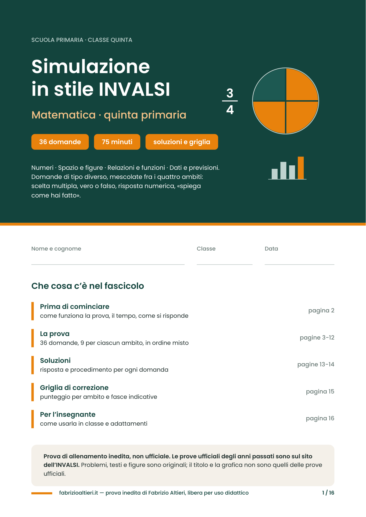Simulazione in stile INVALSI di matematica per la quinta primaria: copertina del fascicolo