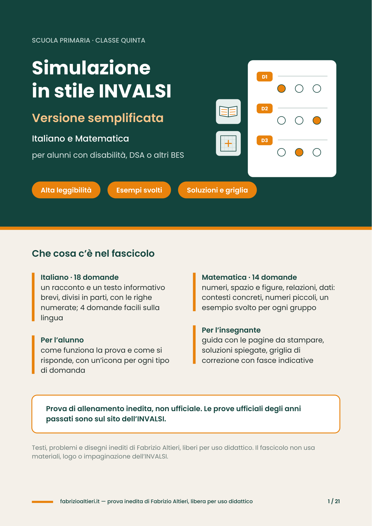 Simulazione semplificata in stile INVALSI di italiano e matematica per la quinta primaria, ad alta leggibilità