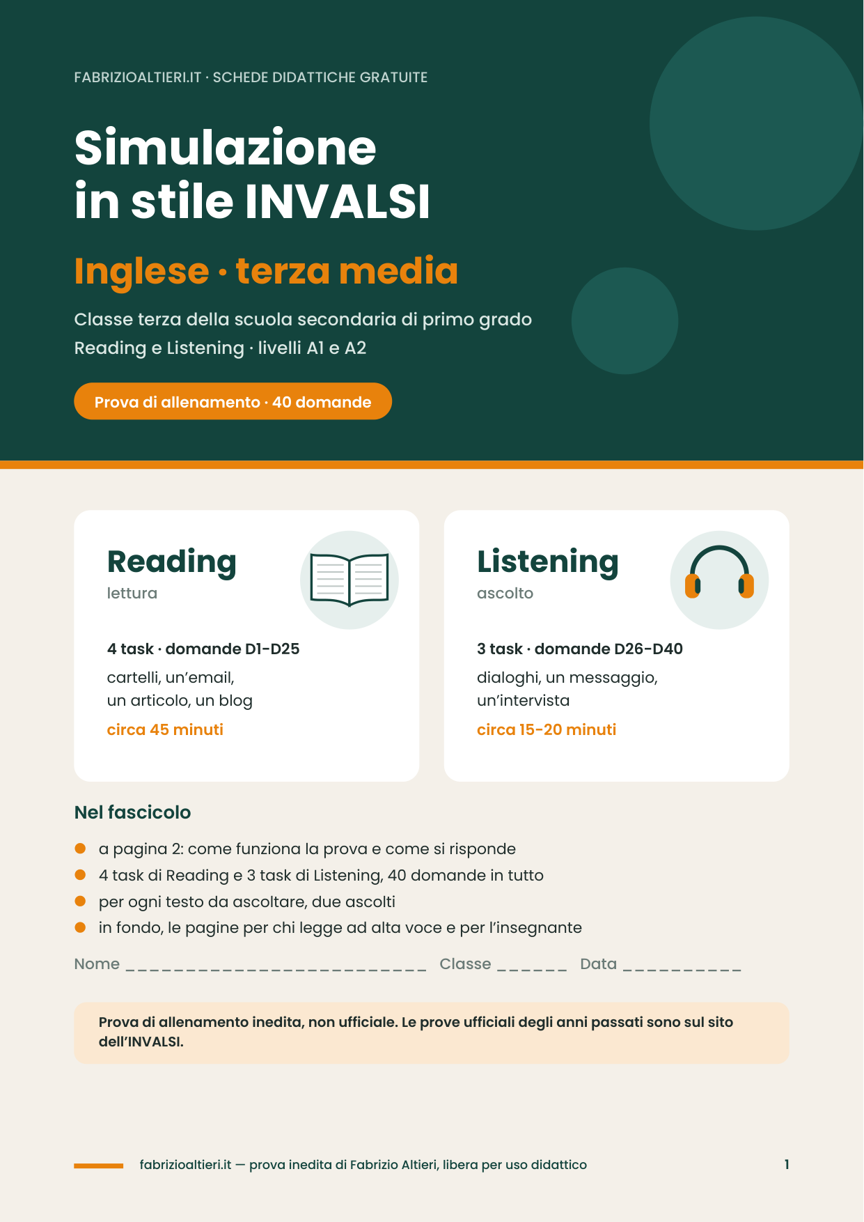 Simulazione in stile INVALSI di inglese per la terza media, reading e listening: copertina