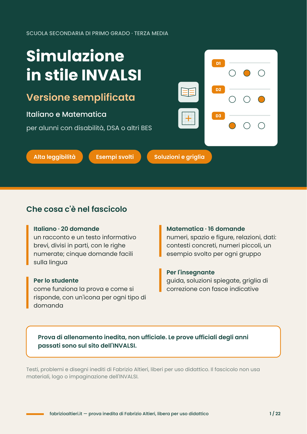 Simulazione semplificata in stile INVALSI di italiano e matematica per la terza media, ad alta leggibilità