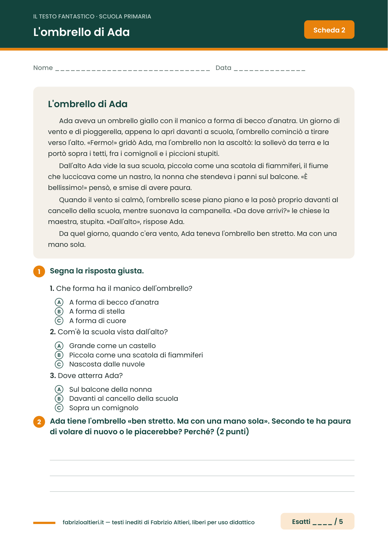 Racconto fantastico breve per la scuola primaria: L'ombrello di Ada, con domande