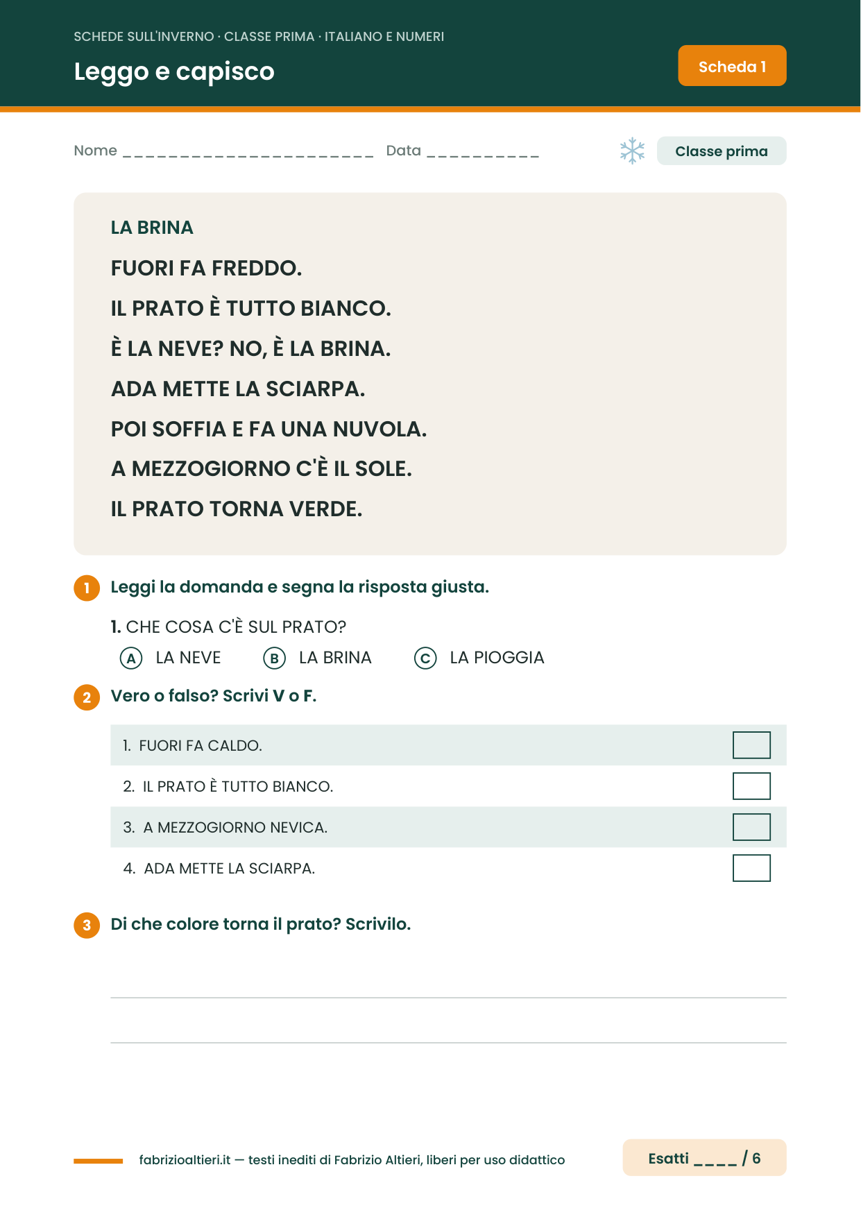 Scheda sull'inverno per la classe prima: lettura La brina in stampato maiuscolo con le domande