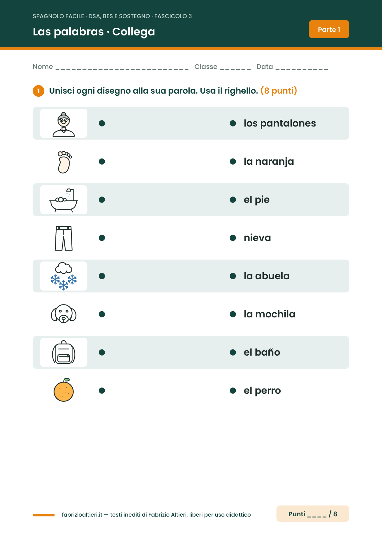 Verifica semplificata di spagnolo: collega la parola al disegno
