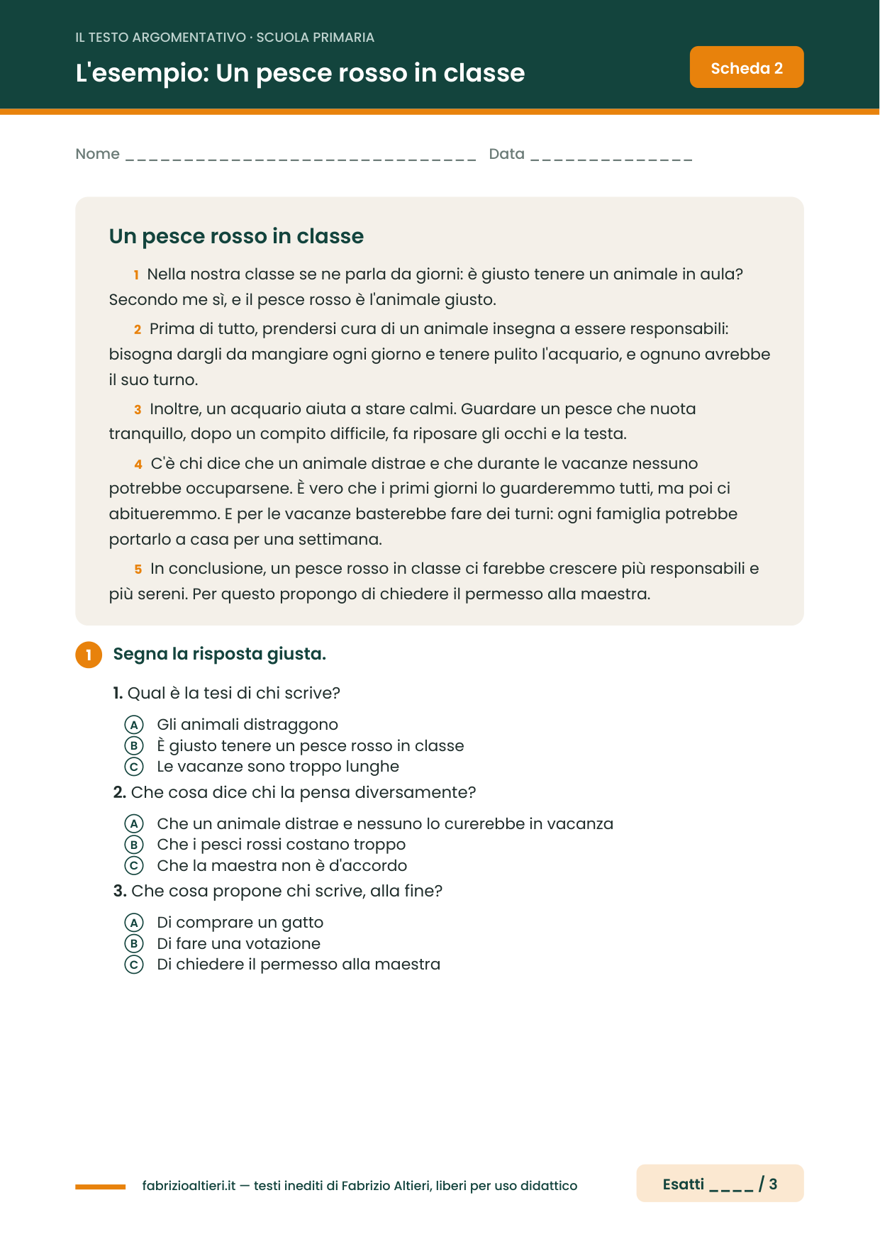 Testo argomentativo scuola primaria: l'esempio semplice Un pesce rosso in classe con le domande