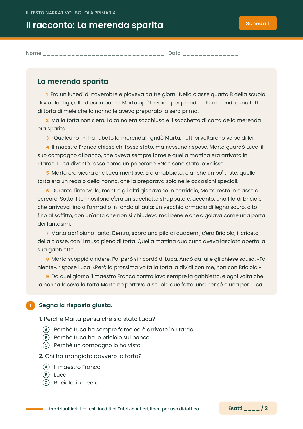 Testo narrativo scuola primaria: il racconto La merenda sparita con l'analisi svolta
