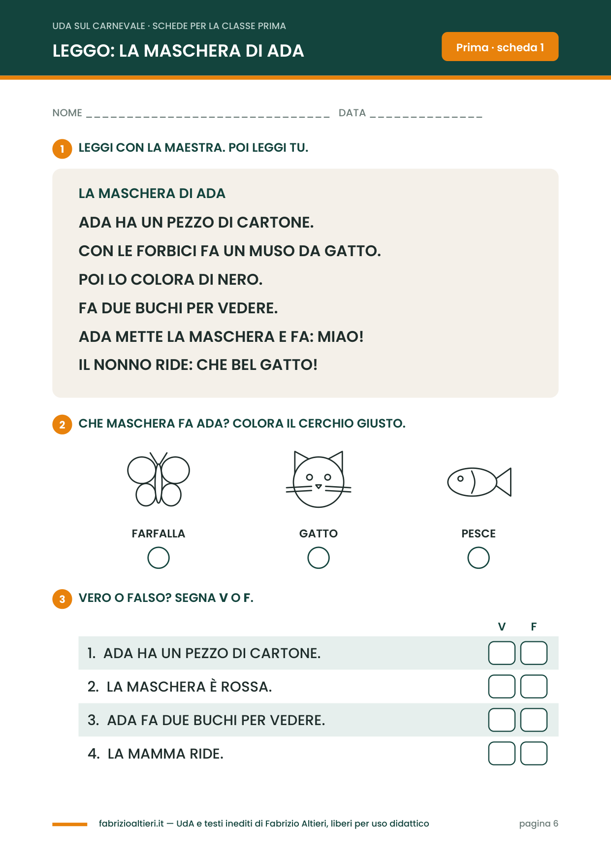 UdA sul Carnevale per la classe prima: scheda di lettura La maschera di Ada in stampato maiuscolo