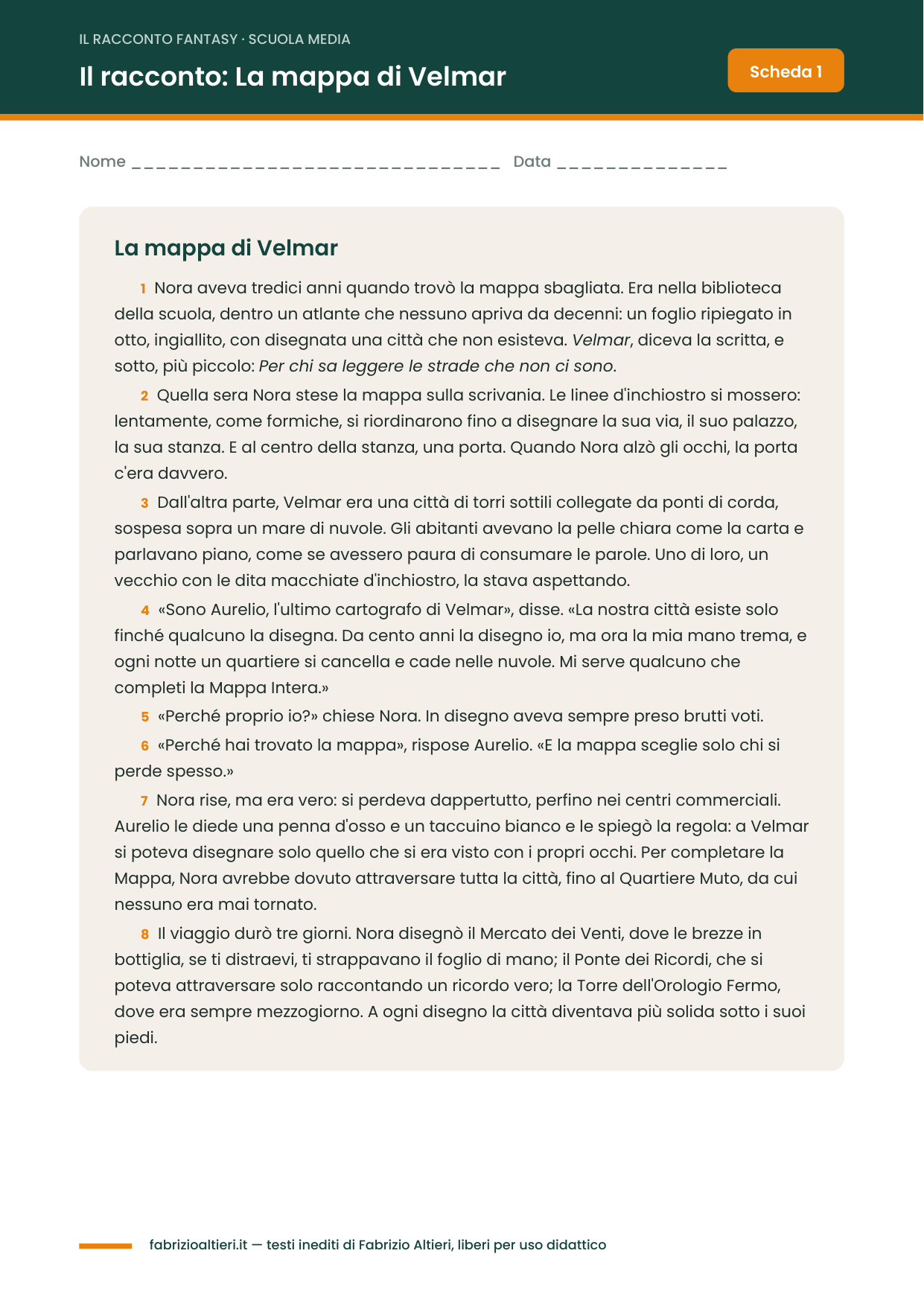 Verifica sul racconto fantasy per la scuola media: il racconto La mappa di Velmar