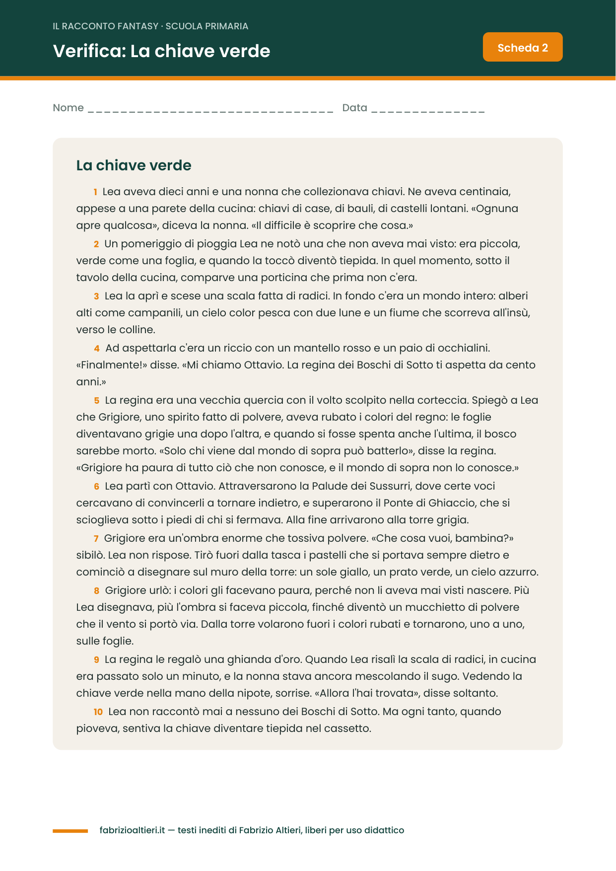 Verifica sul racconto fantasy per la scuola primaria: il racconto La chiave verde