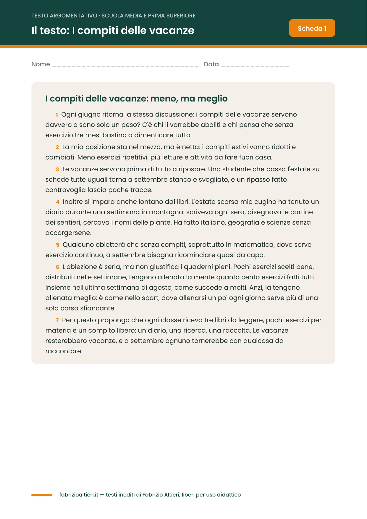 Verifica sul testo argomentativo con soluzioni per la scuola media: il testo I compiti delle vacanze, meno ma meglio