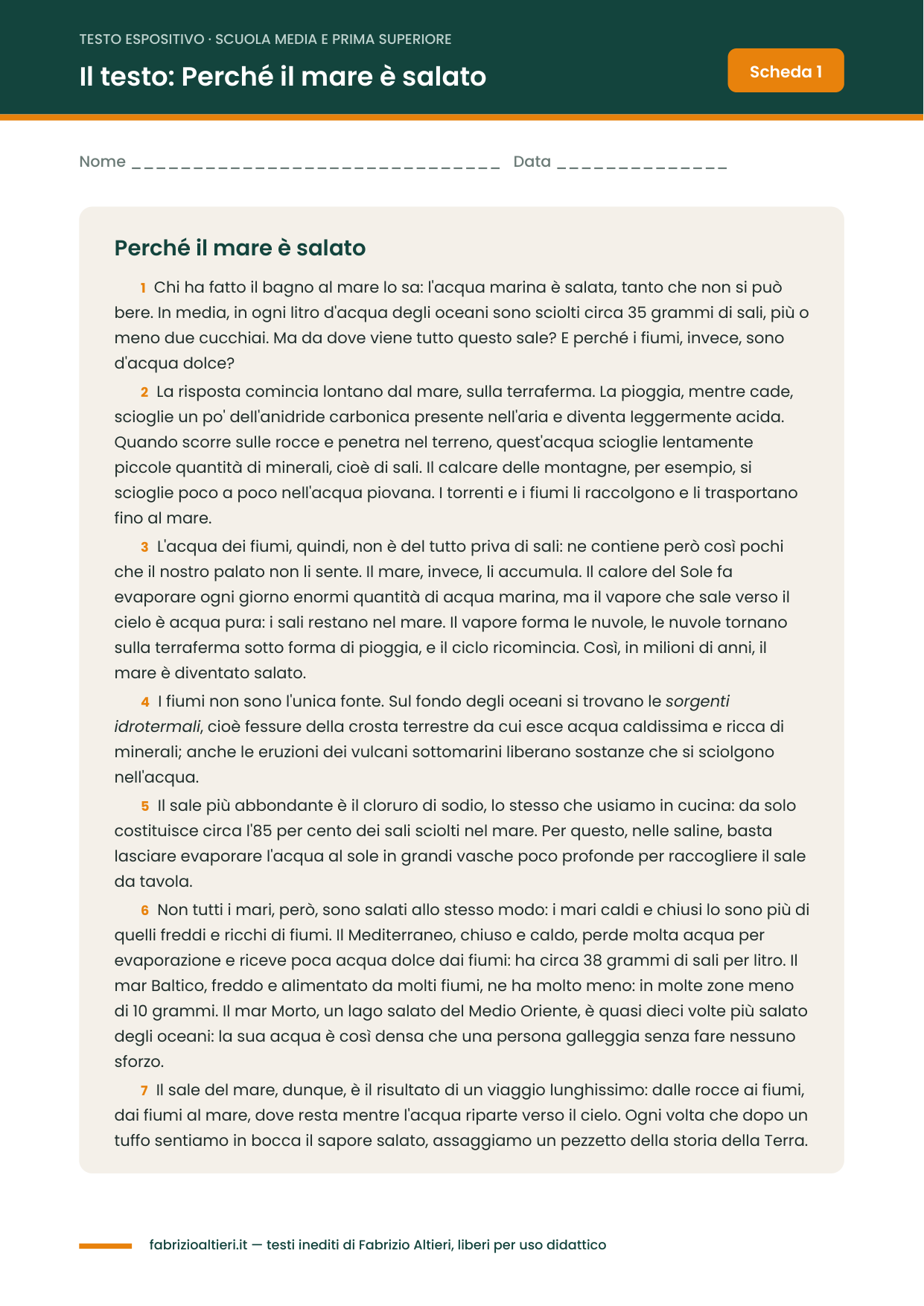 Verifica sul testo espositivo con soluzioni per la scuola media: il testo Perché il mare è salato