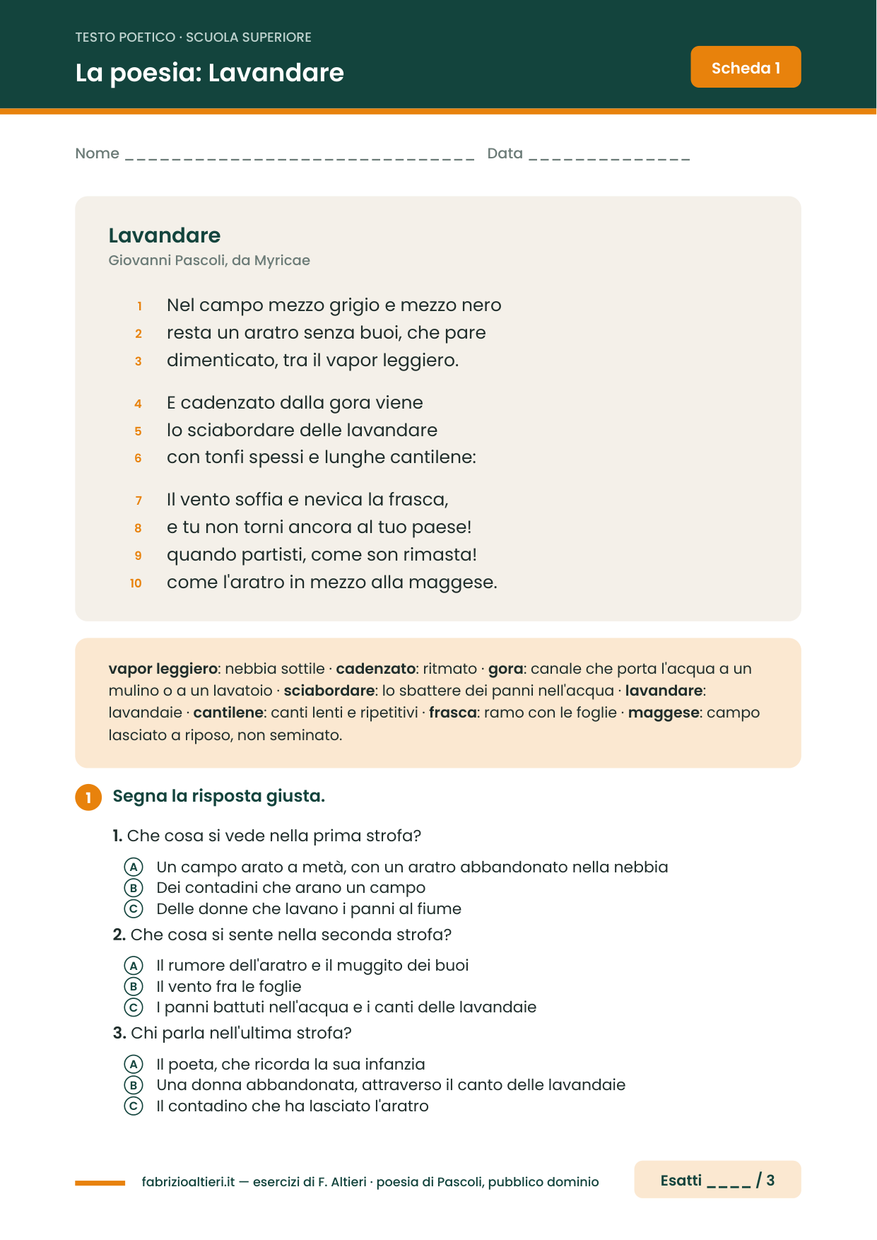 Verifica di analisi del testo poetico con soluzioni per le superiori: Lavandare di Pascoli