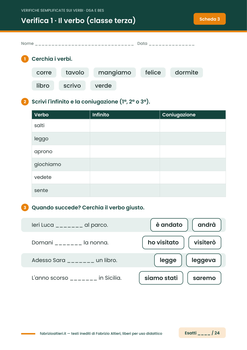 Verifica semplificata sui verbi per DSA, classe terza: infinito, coniugazione e tempi